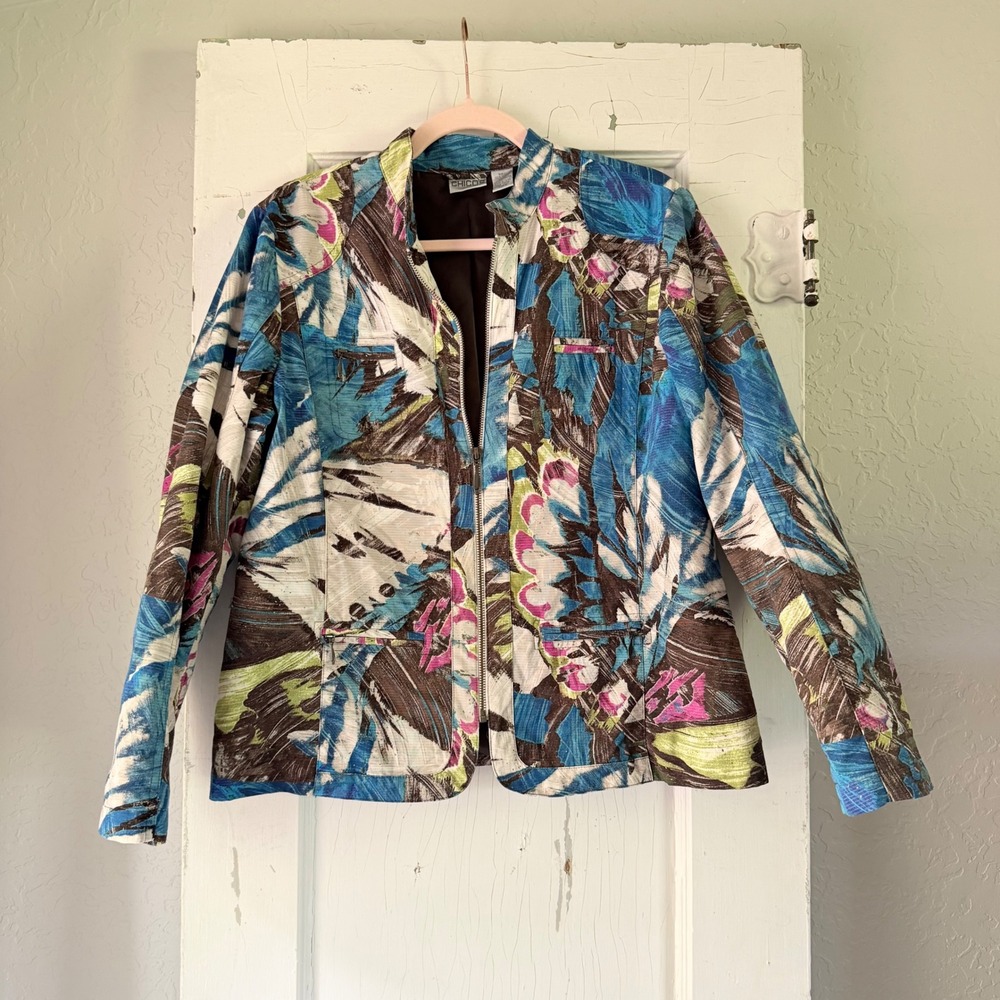 Chicos Abstract Tropical Floral Zip Up Cotton Jacket Blue Green Size 2 Large